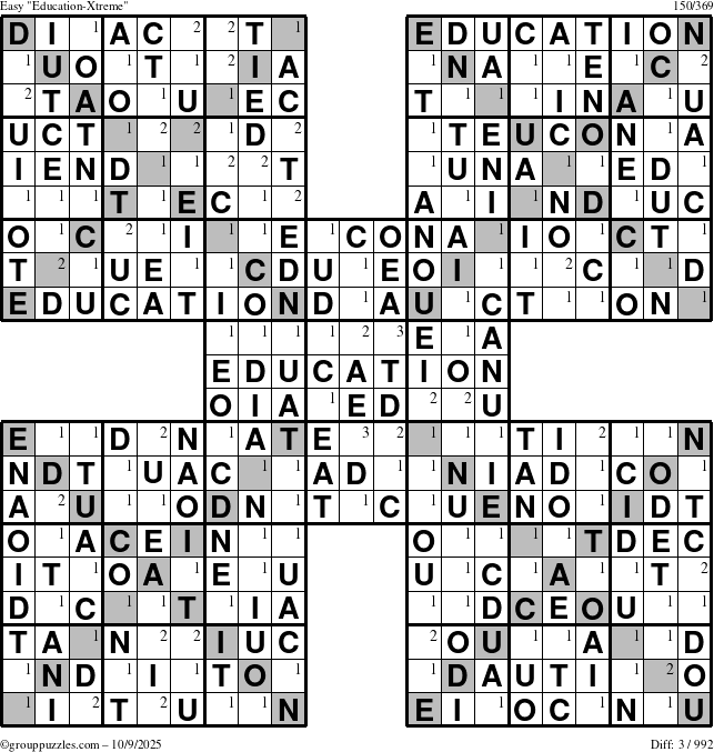 The grouppuzzles.com Easy Education-Xtreme puzzle for Thursday October 9, 2025 with the first 3 steps marked