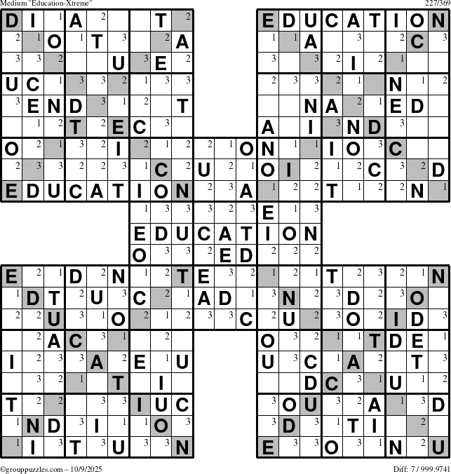 The grouppuzzles.com Medium Education-Xtreme puzzle for Thursday October 9, 2025 with the first 3 steps marked