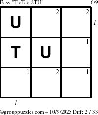 The grouppuzzles.com Easy TicTac-STU puzzle for Thursday October 9, 2025 with all 2 steps marked