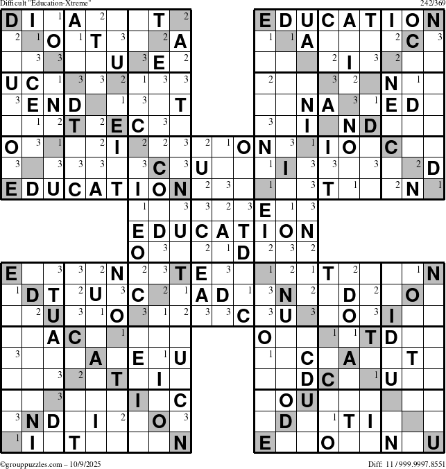 The grouppuzzles.com Difficult Education-Xtreme puzzle for Thursday October 9, 2025 with the first 3 steps marked