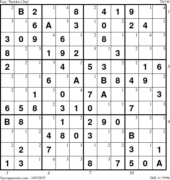 The grouppuzzles.com Easy Sudoku-12up puzzle for Thursday October 9, 2025, suitable for printing, with all 4 steps marked