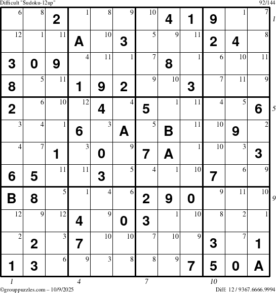The grouppuzzles.com Difficult Sudoku-12up puzzle for Thursday October 9, 2025 with all 12 steps marked