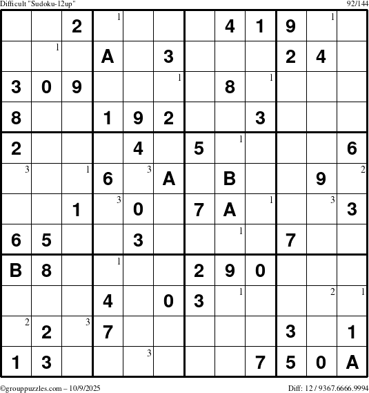 The grouppuzzles.com Difficult Sudoku-12up puzzle for Thursday October 9, 2025 with the first 3 steps marked