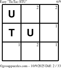 The grouppuzzles.com Easy TicTac-STU puzzle for Thursday October 9, 2025 with the first 2 steps marked