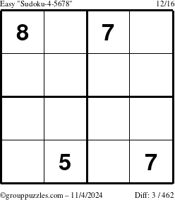 The grouppuzzles.com Easy Sudoku-4-5678 puzzle for Monday November 4, 2024