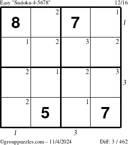 The grouppuzzles.com Easy Sudoku-4-5678 puzzle for Monday November 4, 2024 with all 3 steps marked