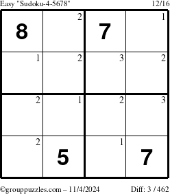 The grouppuzzles.com Easy Sudoku-4-5678 puzzle for Monday November 4, 2024 with the first 3 steps marked