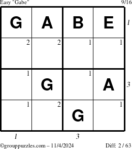 The grouppuzzles.com Easy Gabe puzzle for Monday November 4, 2024 with all 2 steps marked