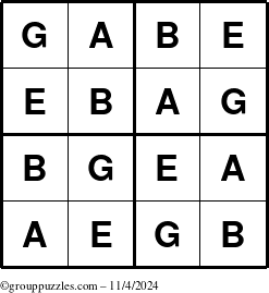 The grouppuzzles.com Answer grid for the Gabe puzzle for Monday November 4, 2024