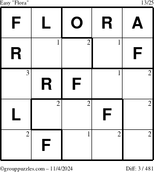 The grouppuzzles.com Easy Flora puzzle for Monday November 4, 2024 with the first 3 steps marked