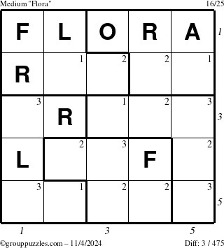 The grouppuzzles.com Medium Flora puzzle for Monday November 4, 2024 with all 3 steps marked