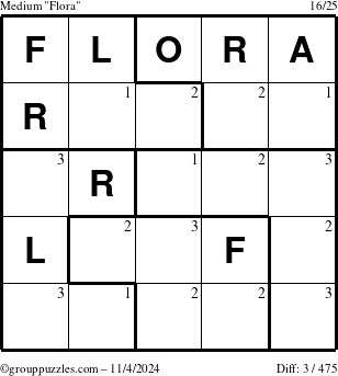 The grouppuzzles.com Medium Flora puzzle for Monday November 4, 2024 with the first 3 steps marked