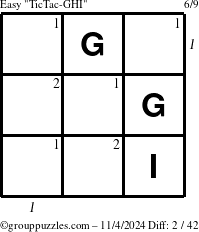 The grouppuzzles.com Easy TicTac-GHI puzzle for Monday November 4, 2024, suitable for printing, with all 2 steps marked