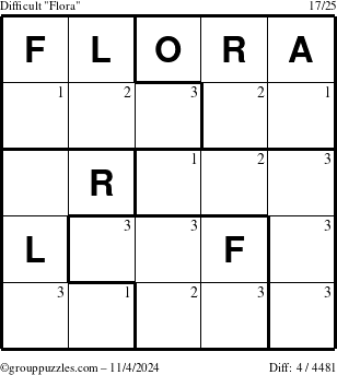 The grouppuzzles.com Difficult Flora puzzle for Monday November 4, 2024 with the first 3 steps marked