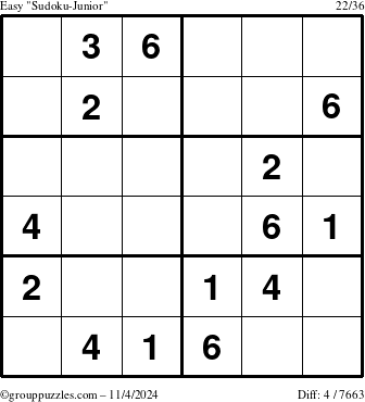 The grouppuzzles.com Easy Sudoku-Junior puzzle for Monday November 4, 2024