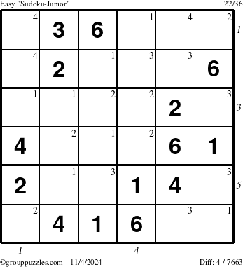 The grouppuzzles.com Easy Sudoku-Junior puzzle for Monday November 4, 2024 with all 4 steps marked