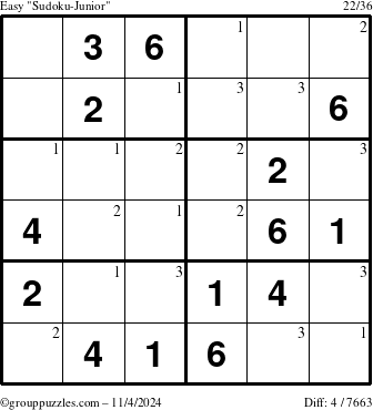 The grouppuzzles.com Easy Sudoku-Junior puzzle for Monday November 4, 2024 with the first 3 steps marked