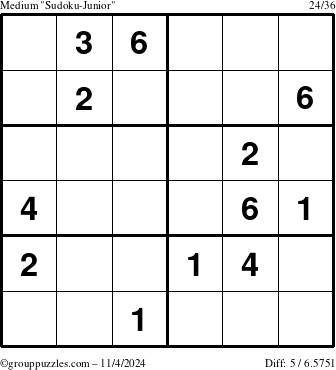 The grouppuzzles.com Medium Sudoku-Junior puzzle for Monday November 4, 2024