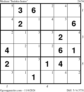 The grouppuzzles.com Medium Sudoku-Junior puzzle for Monday November 4, 2024 with all 5 steps marked