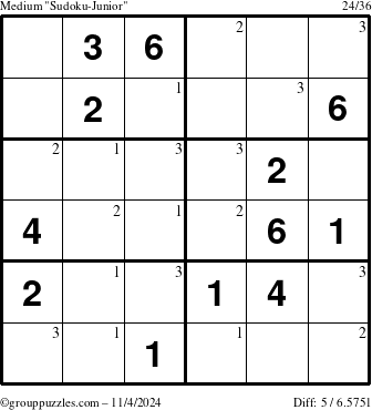 The grouppuzzles.com Medium Sudoku-Junior puzzle for Monday November 4, 2024 with the first 3 steps marked