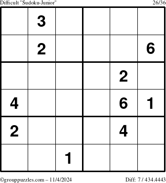 The grouppuzzles.com Difficult Sudoku-Junior puzzle for Monday November 4, 2024