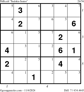 The grouppuzzles.com Difficult Sudoku-Junior puzzle for Monday November 4, 2024 with all 7 steps marked