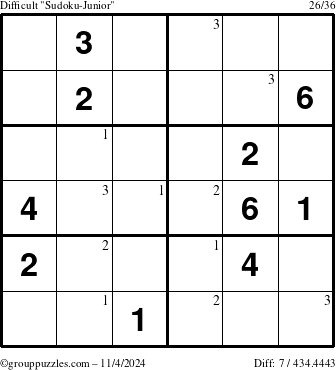 The grouppuzzles.com Difficult Sudoku-Junior puzzle for Monday November 4, 2024 with the first 3 steps marked