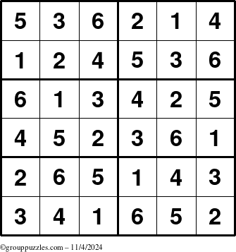 The grouppuzzles.com Answer grid for the Sudoku-Junior puzzle for Monday November 4, 2024