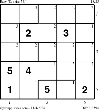 The grouppuzzles.com Easy Sudoku-5B puzzle for Monday November 4, 2024 with all 3 steps marked