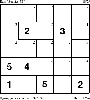 The grouppuzzles.com Easy Sudoku-5B puzzle for Monday November 4, 2024 with the first 3 steps marked