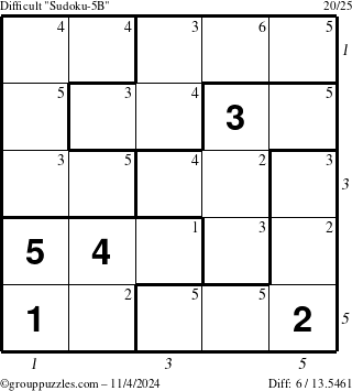 The grouppuzzles.com Difficult Sudoku-5B puzzle for Monday November 4, 2024 with all 6 steps marked