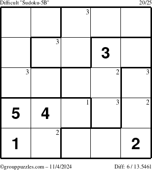 The grouppuzzles.com Difficult Sudoku-5B puzzle for Monday November 4, 2024 with the first 3 steps marked