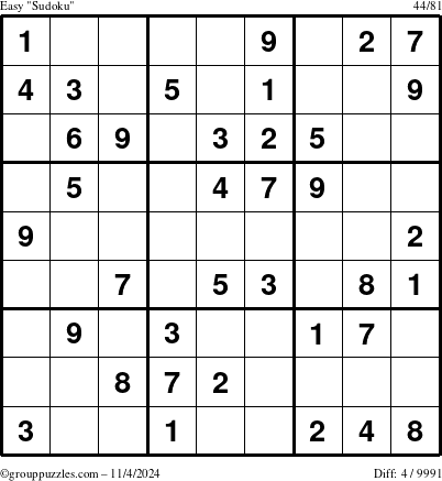 The grouppuzzles.com Easy Sudoku puzzle for Monday November 4, 2024