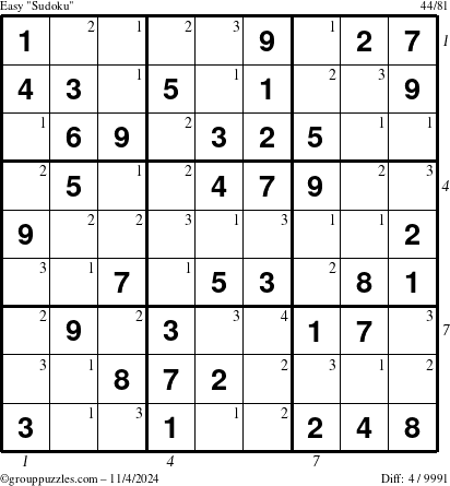 The grouppuzzles.com Easy Sudoku puzzle for Monday November 4, 2024 with all 4 steps marked