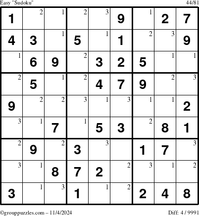 The grouppuzzles.com Easy Sudoku puzzle for Monday November 4, 2024 with the first 3 steps marked