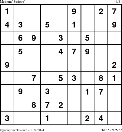 The grouppuzzles.com Medium Sudoku puzzle for Monday November 4, 2024