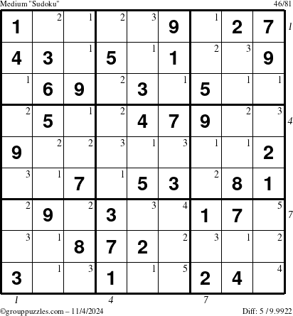 The grouppuzzles.com Medium Sudoku puzzle for Monday November 4, 2024 with all 5 steps marked