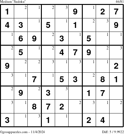 The grouppuzzles.com Medium Sudoku puzzle for Monday November 4, 2024 with the first 3 steps marked