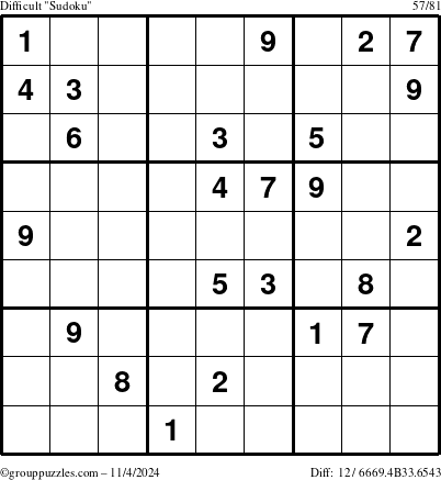 The grouppuzzles.com Difficult Sudoku puzzle for Monday November 4, 2024