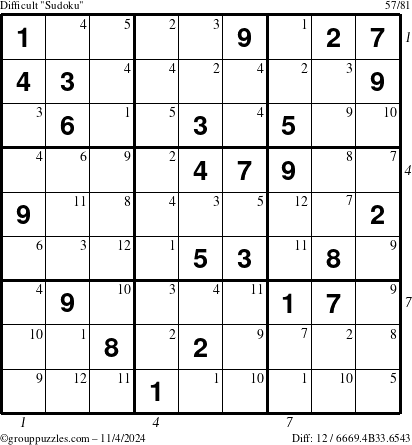 The grouppuzzles.com Difficult Sudoku puzzle for Monday November 4, 2024 with all 12 steps marked