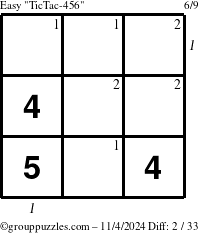 The grouppuzzles.com Easy TicTac-456 puzzle for Monday November 4, 2024 with all 2 steps marked