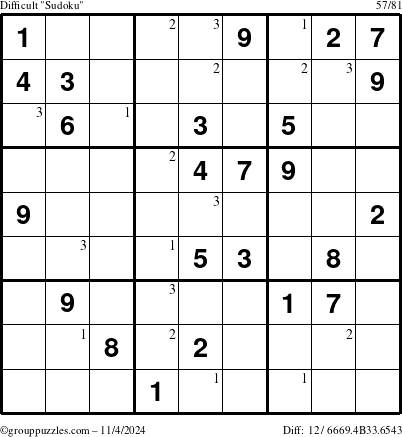 The grouppuzzles.com Difficult Sudoku puzzle for Monday November 4, 2024 with the first 3 steps marked