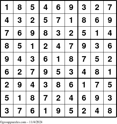 The grouppuzzles.com Answer grid for the Sudoku puzzle for Monday November 4, 2024