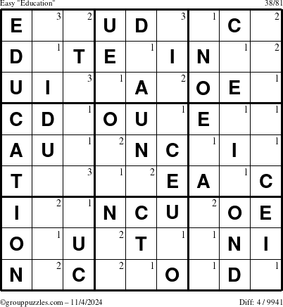 The grouppuzzles.com Easy Education-c1 puzzle for Monday November 4, 2024 with the first 3 steps marked