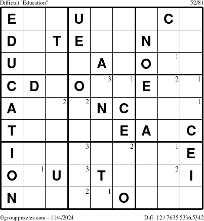 The grouppuzzles.com Difficult Education-c1 puzzle for Monday November 4, 2024 with the first 3 steps marked