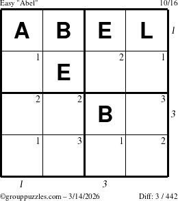The grouppuzzles.com Easy Abel puzzle for Saturday March 14, 2026, suitable for printing, with all 3 steps marked