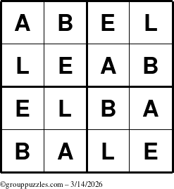 The grouppuzzles.com Answer grid for the Abel puzzle for Saturday March 14, 2026