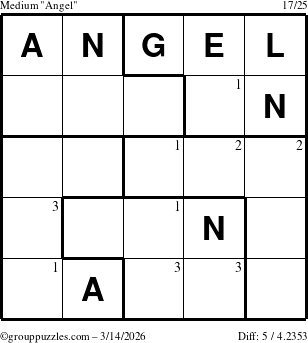 The grouppuzzles.com Medium Angel puzzle for Saturday March 14, 2026 with the first 3 steps marked