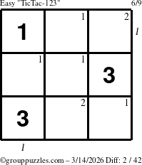 The grouppuzzles.com Easy TicTac-123 puzzle for Saturday March 14, 2026, suitable for printing, with all 2 steps marked