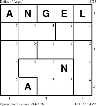 The grouppuzzles.com Difficult Angel puzzle for Saturday March 14, 2026 with all 5 steps marked